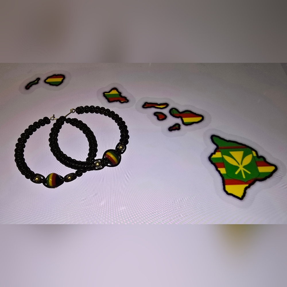 SS 925 Hawaiian Kanaka Maoli Rasta Jamacia Flag Leather Macrame Earrings